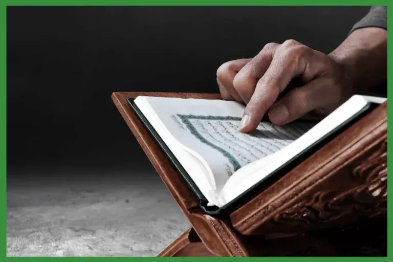 Student reading the Quran from an open Mushaf on a wooden Quran stand