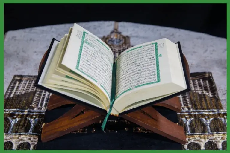Open Quran on a wooden stand for Quran reading and recitation