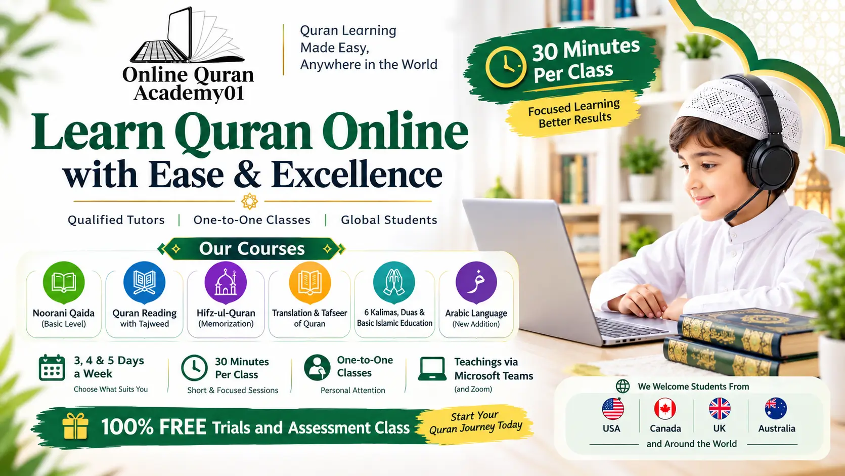 Learn Quran Online with Tajweed at Online Quran Academy01 - Free Trial Classes for Kids & Adults