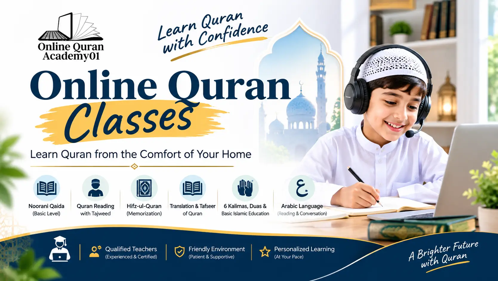 Online Quran Classes Australia - Boy learning Quran with Tajweed from home via laptop.